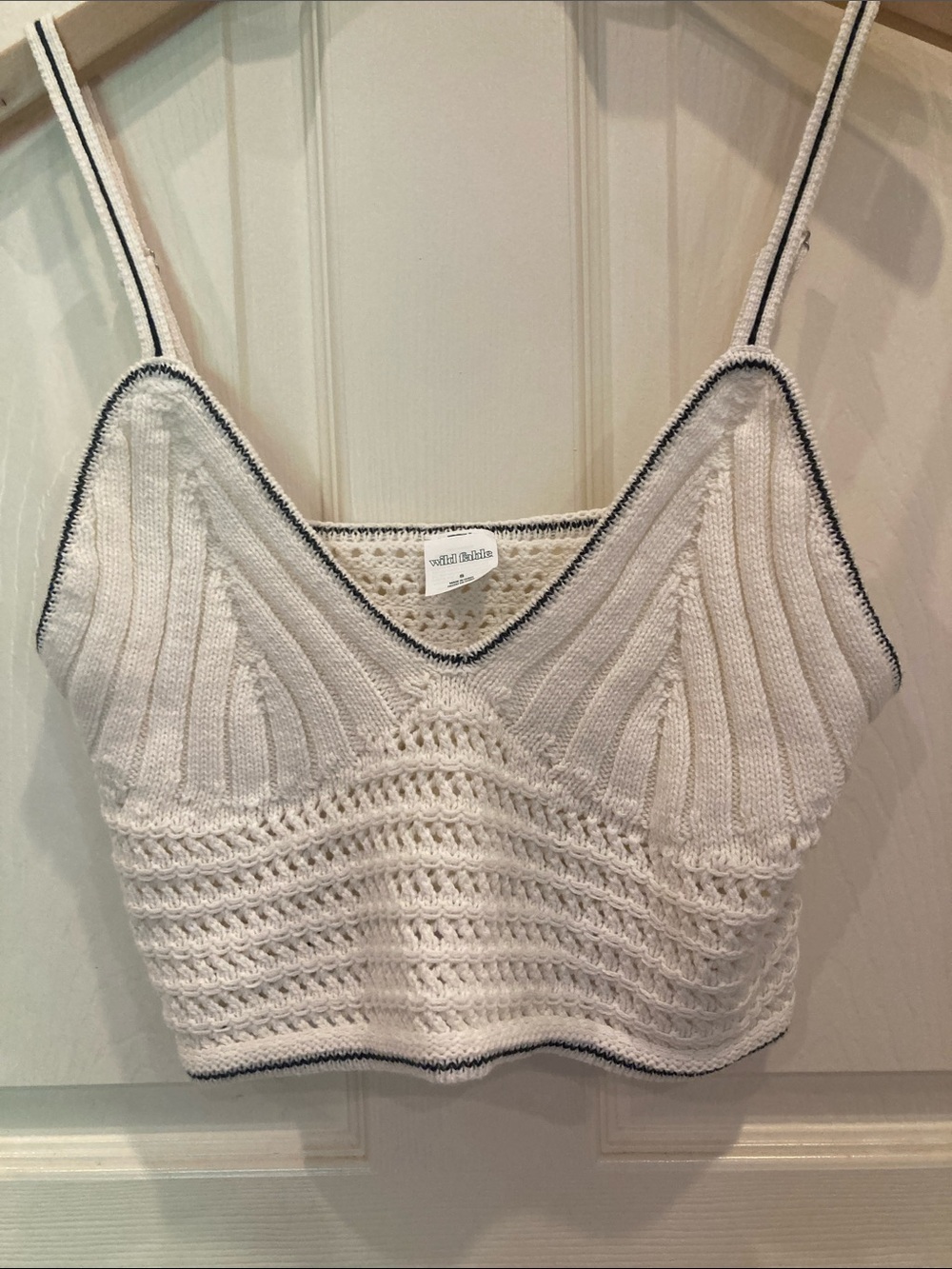 Wild Fable White Knit Crochet Crop Top Black Trim Women’s Summer Boho